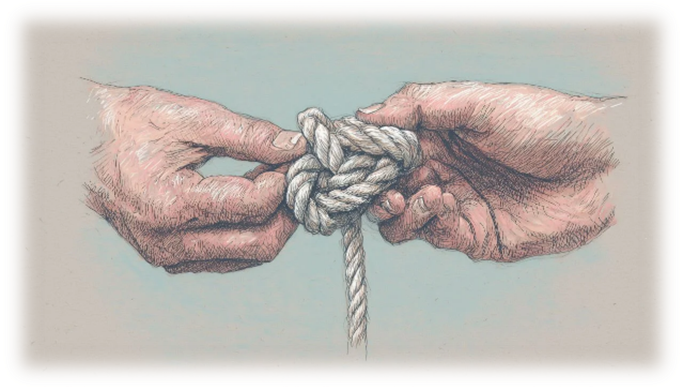 Two hands working with a knotted rope, symbolizing connection, struggle, or healing.